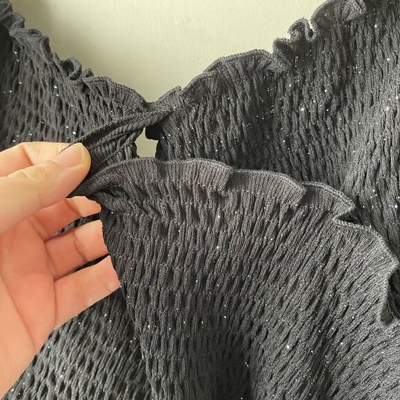 VERONA couture black sparkle smock faux wrap off shoulder crop top with sleeves - Picture 8 of 13